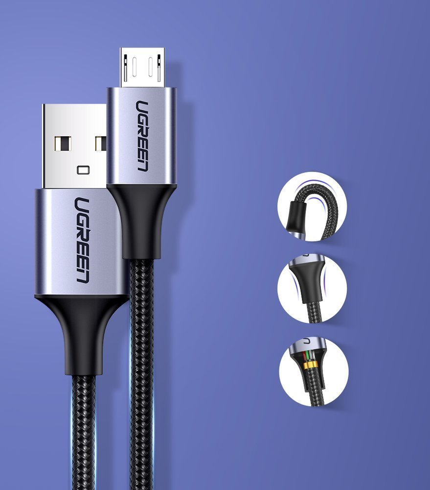 Câble de Données et de Charge USB-A - microUSB UGREEN US290, 18W, 1.5m, Noir