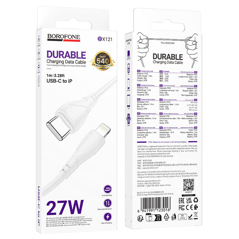 Câble de Données et de Charge USB-C - Lightning Borofone BX121 Energy, 27W, 1m, Blanc