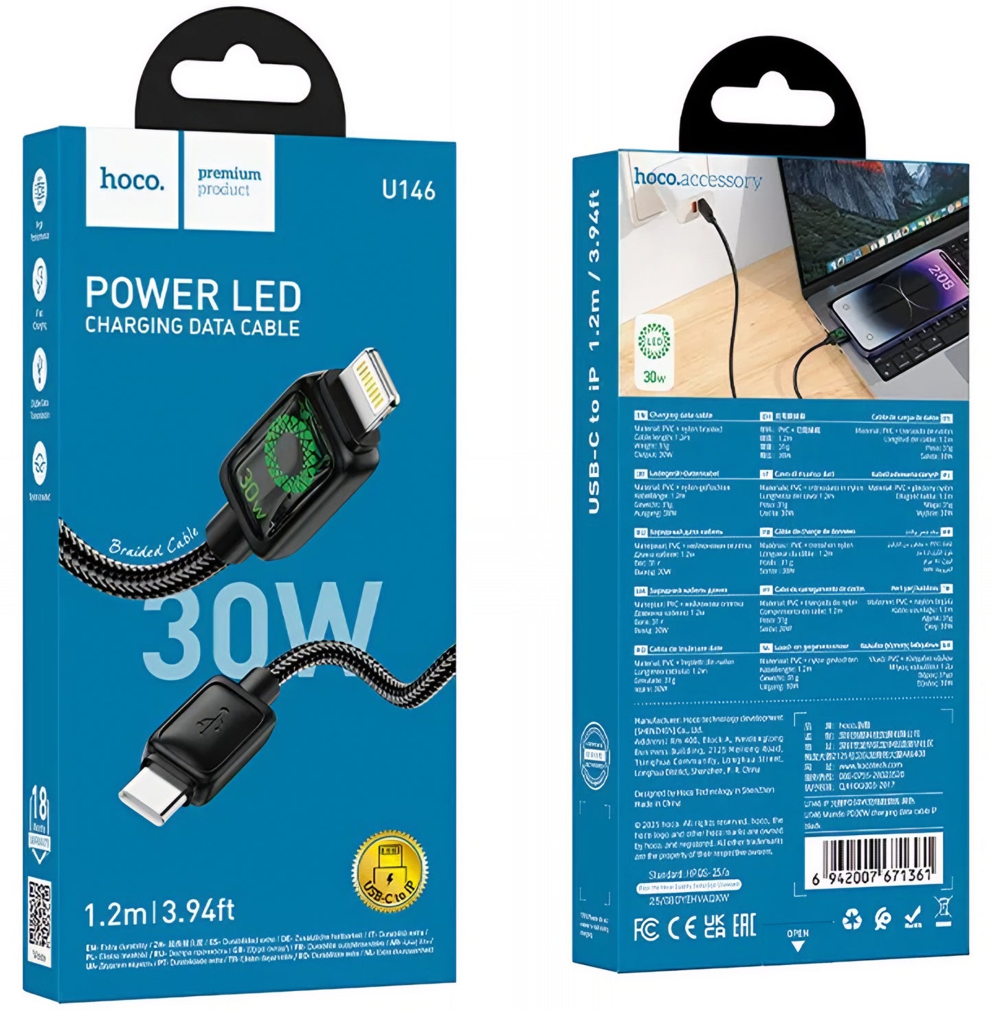 Câble de données et de charge USB-C - Lightning HOCO U146, 30W, 1.2m, Noir