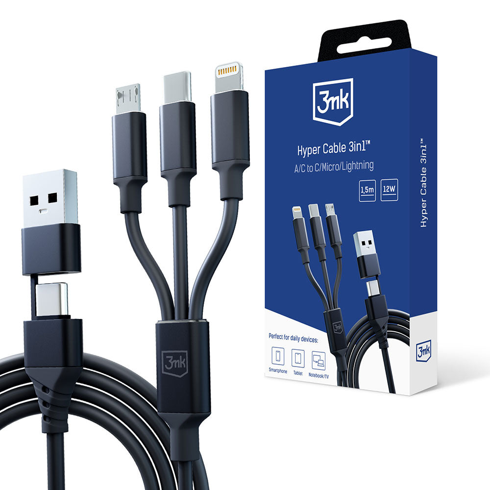 3MK Hyper 3in1 Ladekabel 1.5m | USB-A/C auf Lightning/microUSB/USB-C | Schwarz