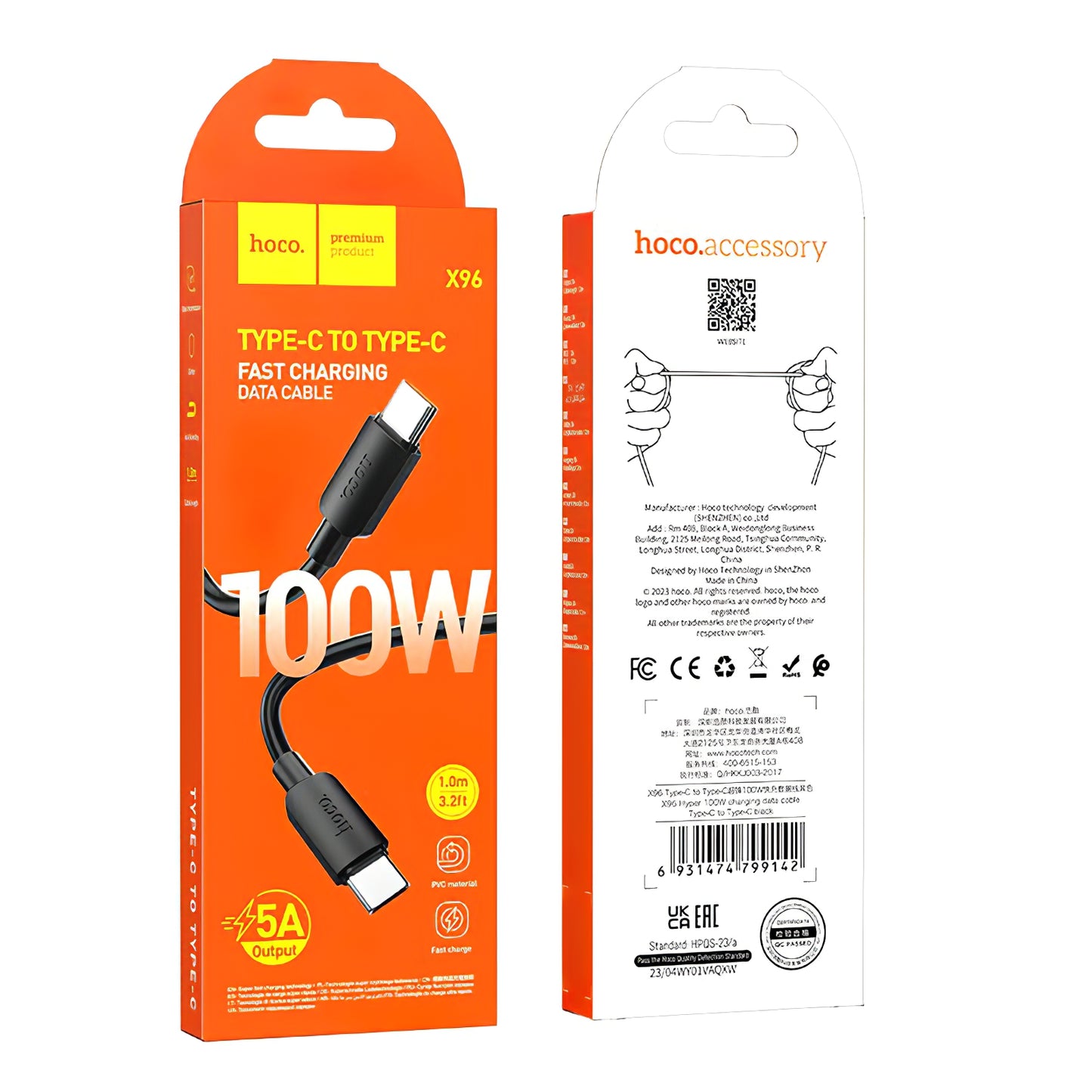 Câble de Données et de Charge USB-C - USB-C HOCO X96, 100W, 1m, Noir