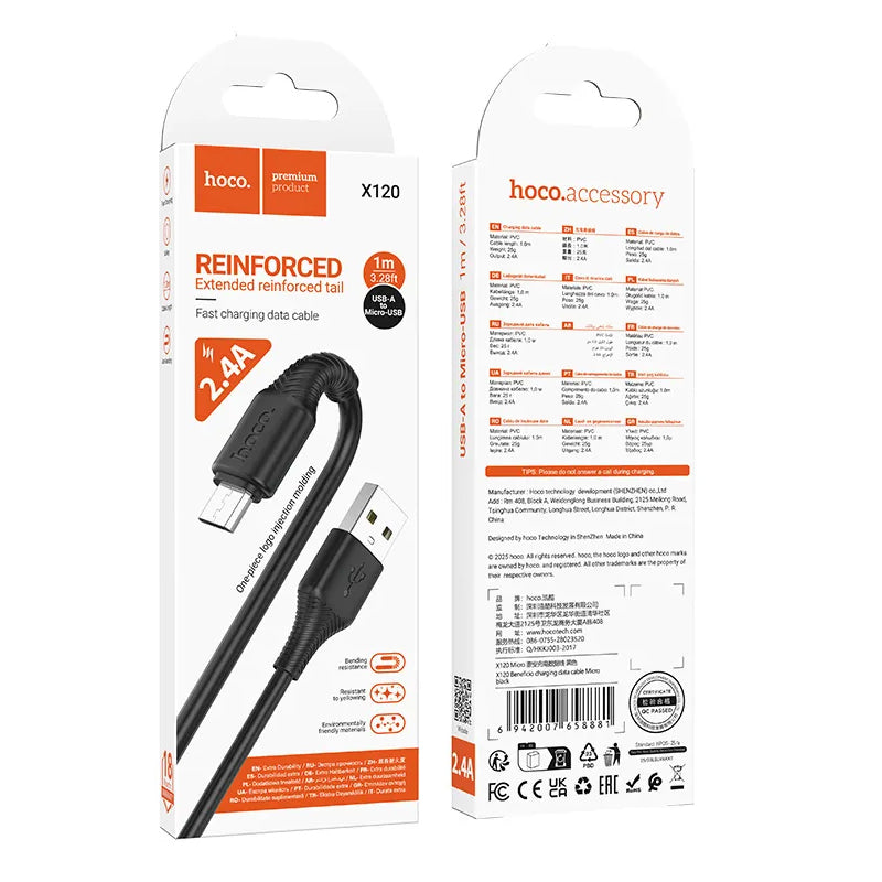 Câble de Données et de Charge USB-A - microUSB HOCO X120, 18W, 1m, Noir