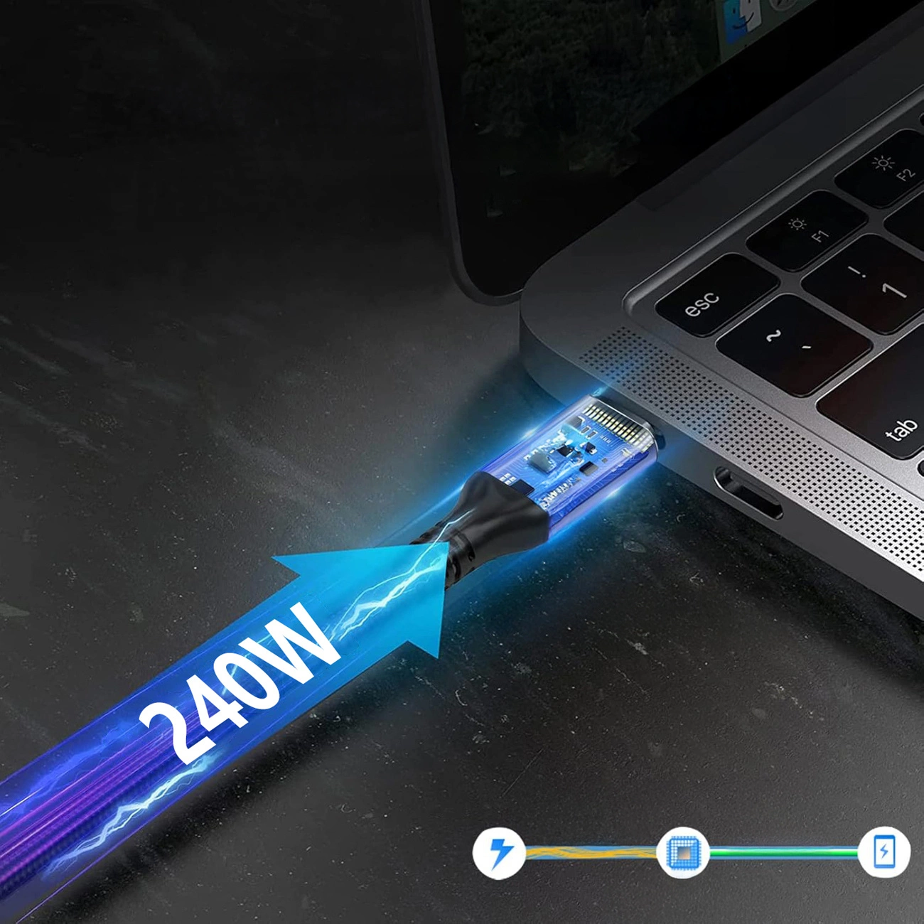 Câble de Données et de Charge USB-C - USB-C WZK WPS-UY42S, 240W, 2m, Noir