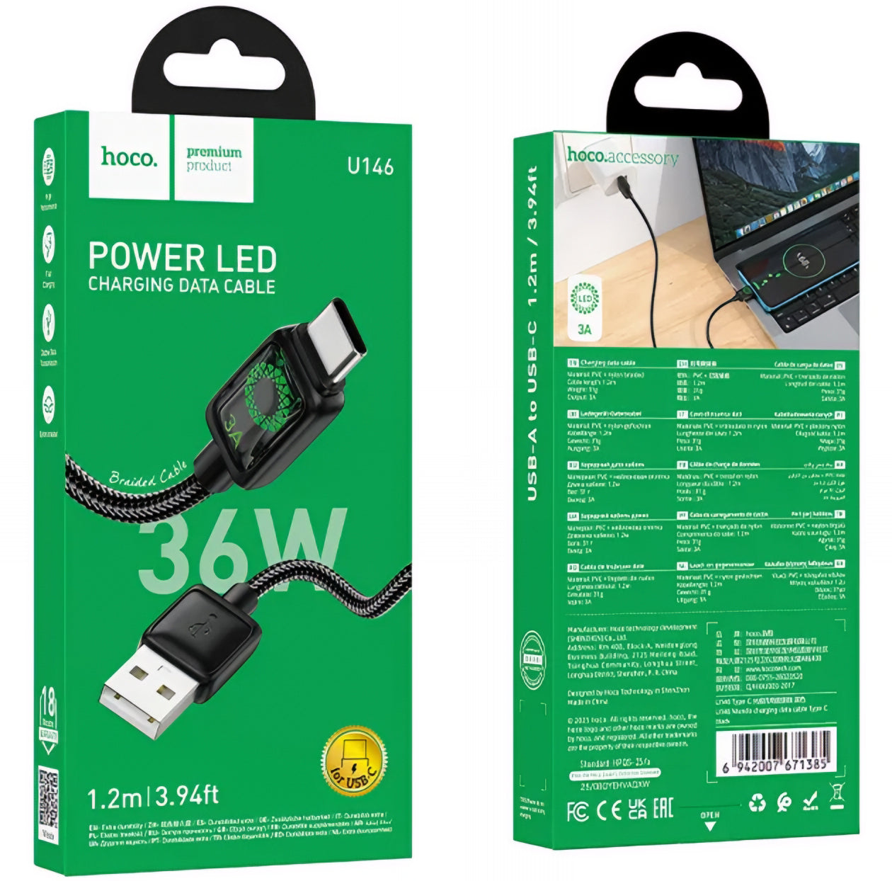 Câble de Données et de Charge USB-A - USB-C HOCO U146, 36W, 1.2m, Noir