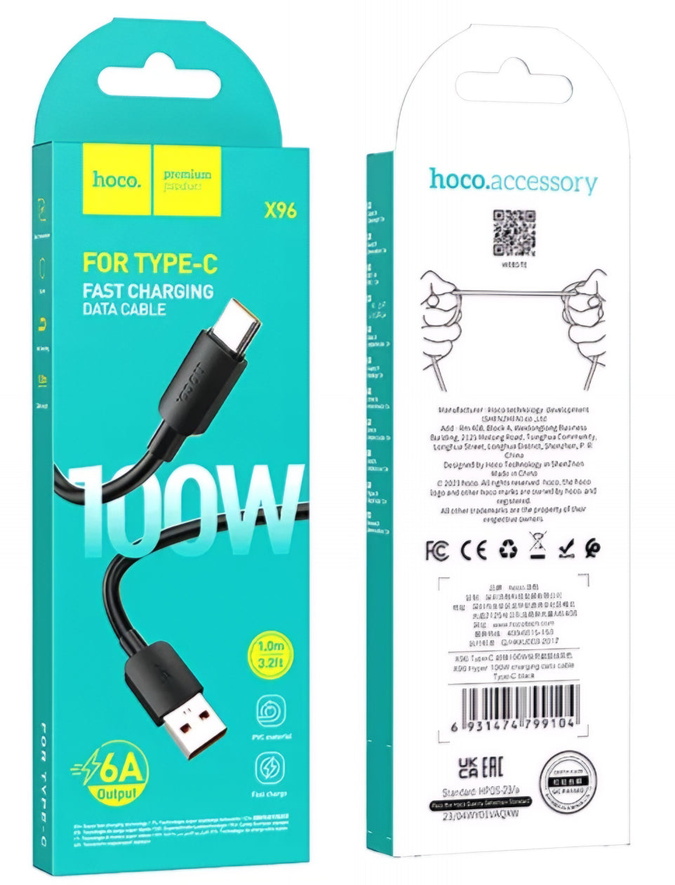 Câble de données et de charge USB-A - USB-C HOCO X96, 100W, 1m, noir