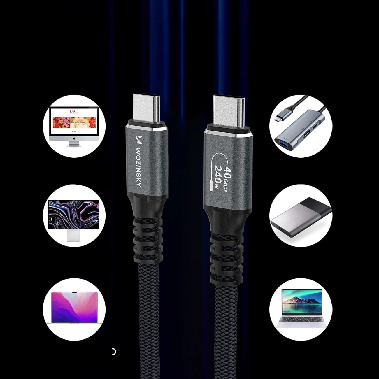 Câble de Données et de Charge USB-C - USB-C WZK WPS-UY42S, 240W, 2m, Noir
