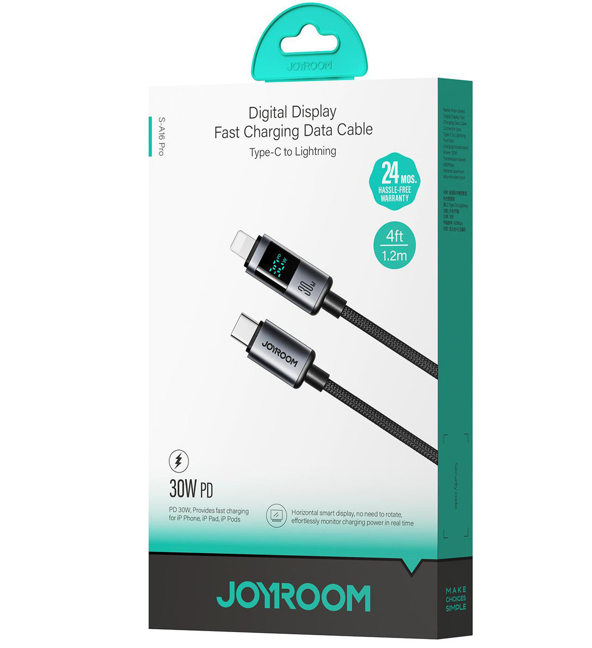 Câble de Données et de Charge USB-C - Lightning Joyroom S-A16 Pro Prism Display, 30W, 1.2m, Noir