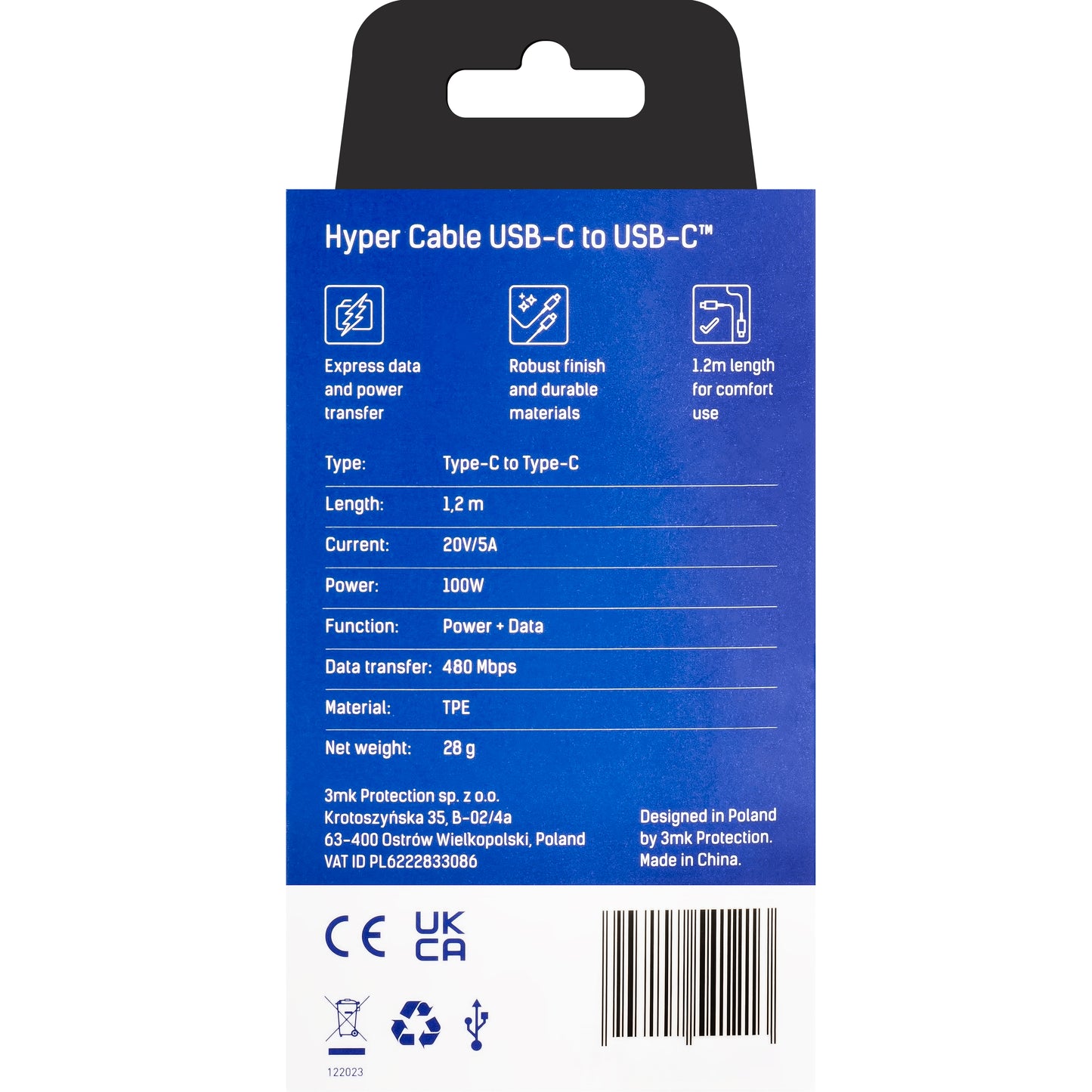 Câble de Données et de Charge USB-C - USB-C 3MK Hyper, 100W, 1.2m, Noir