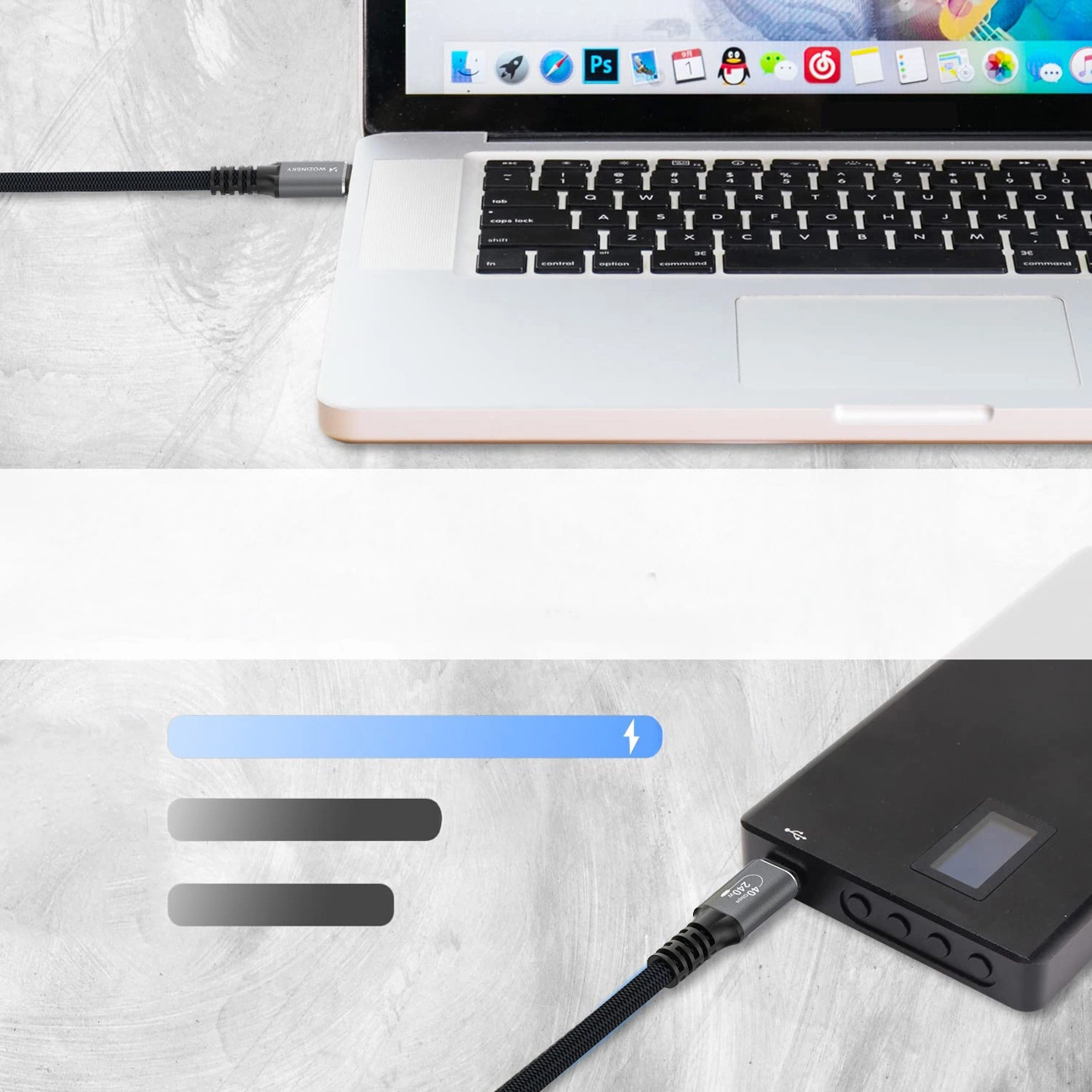 Câble de Données et de Charge USB-C - USB-C WZK WPS-UY42S, 240W, 2m, Noir