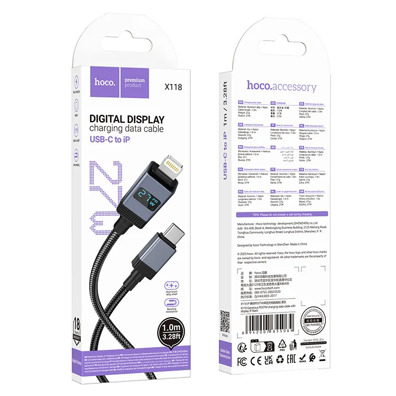 Câble de Données et de Charge USB-C - Lightning HOCO X118 Display, 27W, 1m, Noir