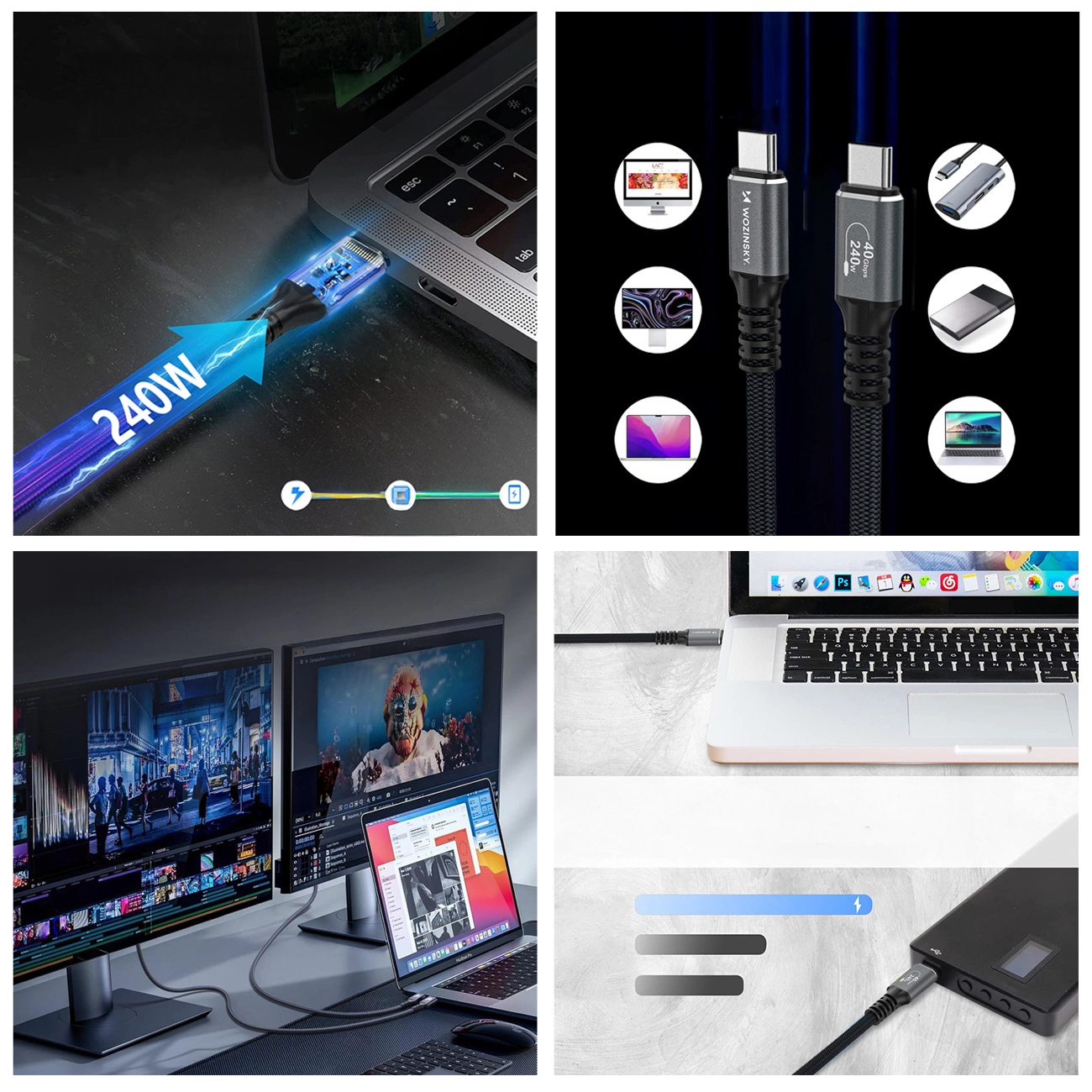 Câble de Données et de Charge USB-C - USB-C WZK WPS-UY42S, 240W, 2m, Noir