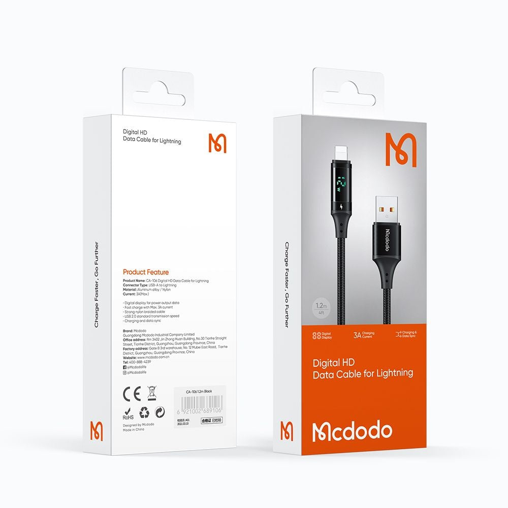 Câble de Données et de Charge USB-A - Lightning McDodo CA-1060 Display, 12W, 1.2m, Noir