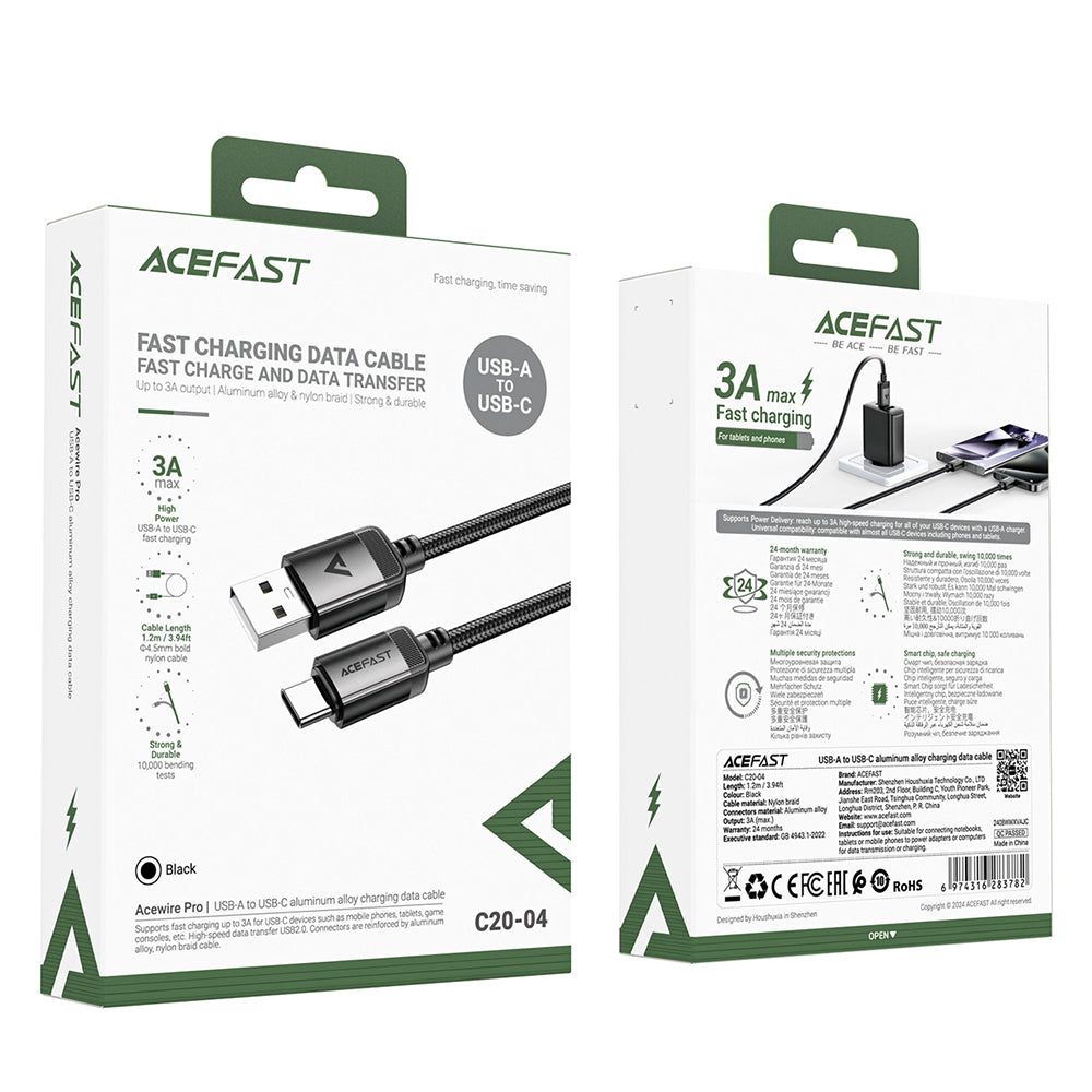 Câble de Données et de Charge USB-A - USB-C Acefast C20-04, 18W, 1.2m, Noir