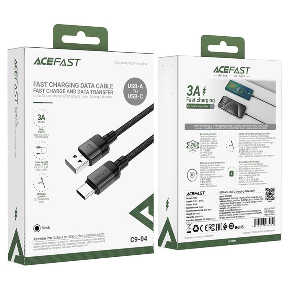 Câble de Données et de Charge USB-A - USB-C Acefast C9-04, 18W, 1.2m, Noir