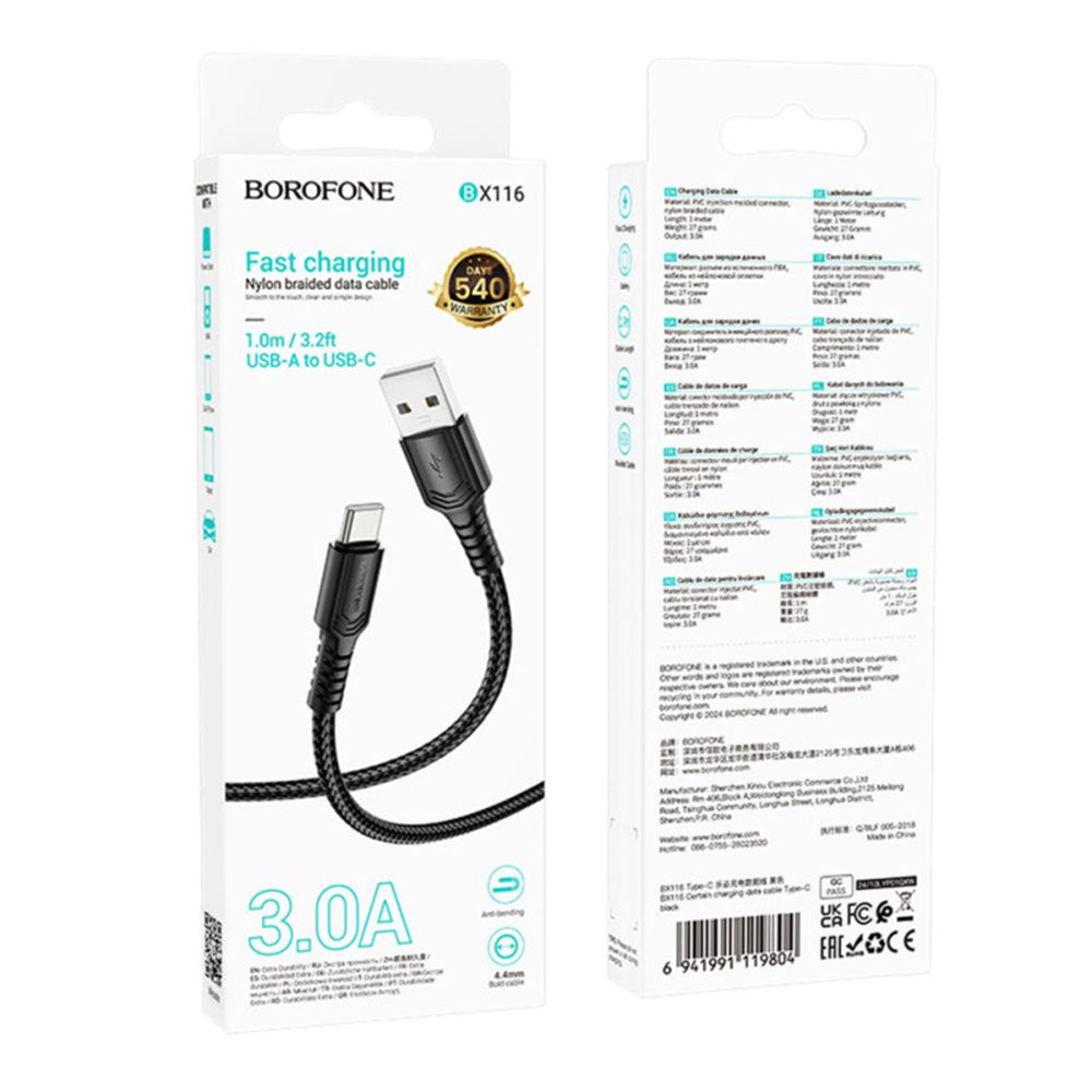 Câble de Données et de Charge USB-A - USB-C Borofone BX116 Certain, 18W, 1m, Noir