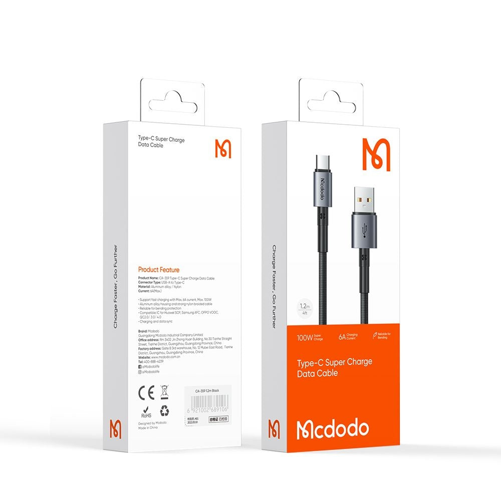 Câble de Données et de Charge USB-A - USB-C McDodo CA-3590, 100W, 1.2m, Noir