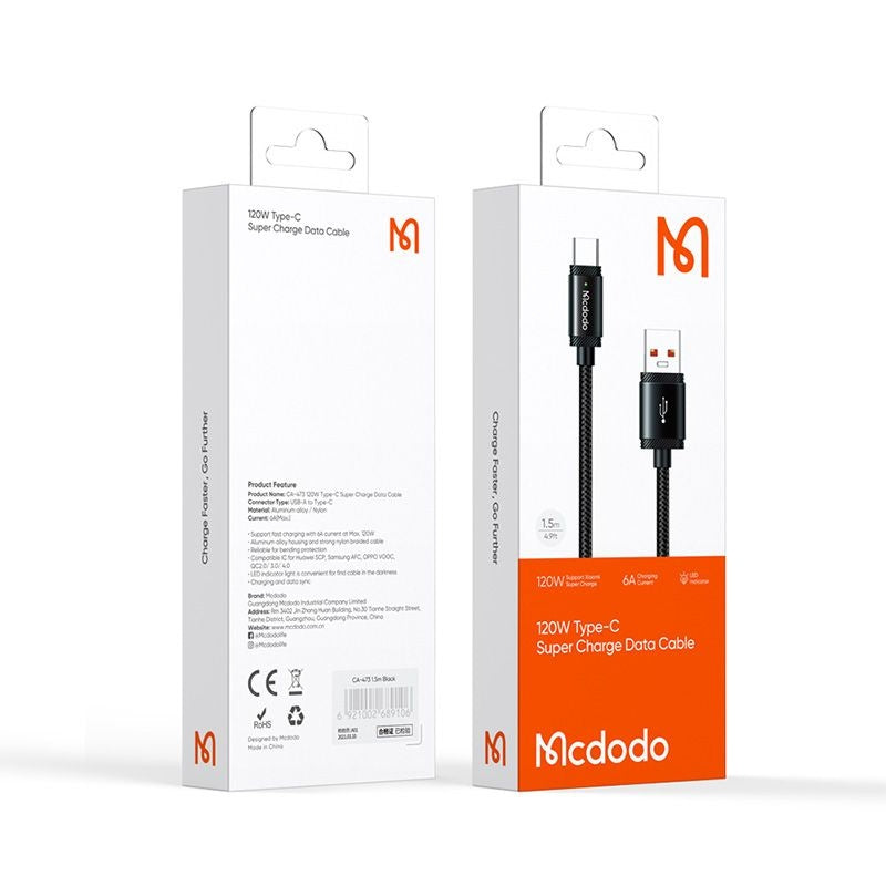 Câble de Données et de Charge USB-A - USB-C McDodo CA-4730, 120W, 1.5m, Noir