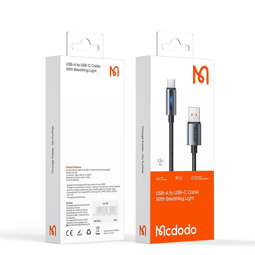 Câble de Données et de Charge USB-A - USB-C McDodo CA-5180, 100W, 1.2m, Noir
