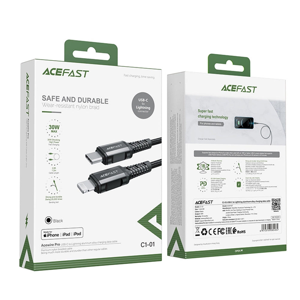 Daten- und Ladekabel USB-C - Lightning Acefast C1-01, 30W, 1,2m, Schwarz