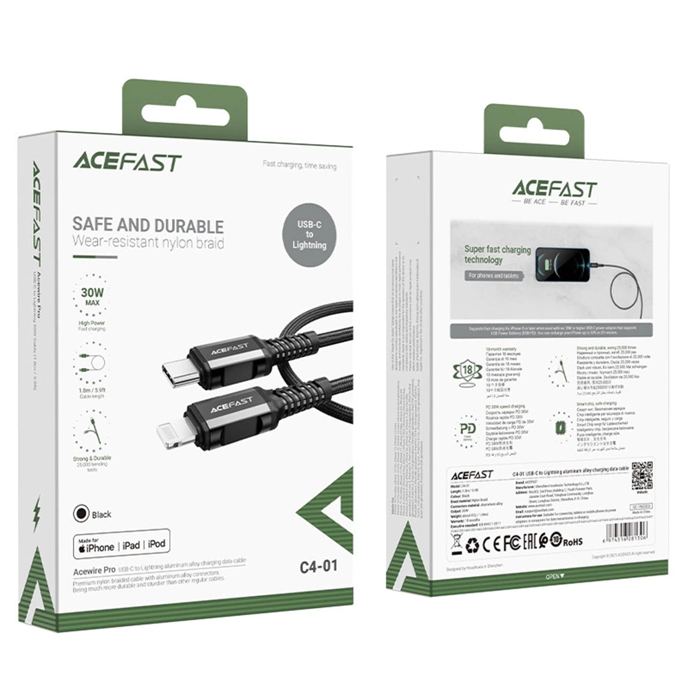 Daten- und Ladekabel USB-C - Lightning Acefast C4-01, 30W, 1.8m, Schwarz