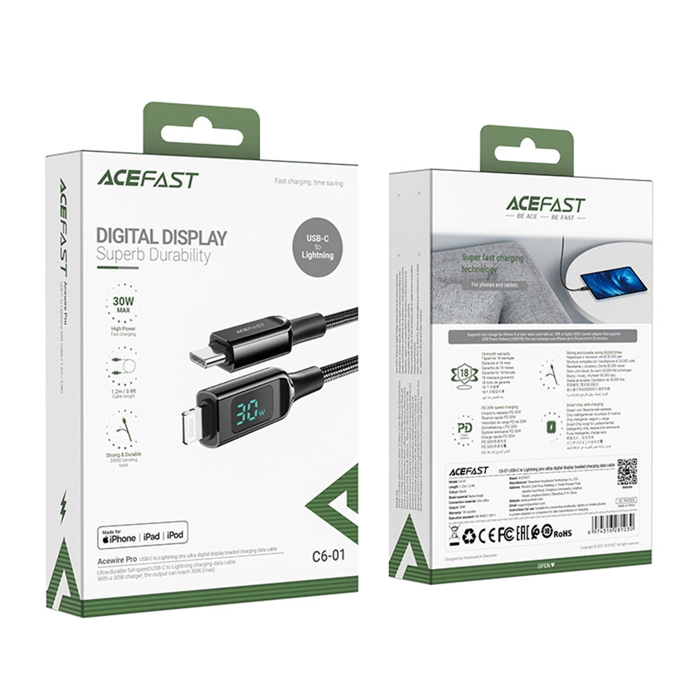 Câble de données et de charge USB-C - Lightning Acefast C6-01 Display, 20W, 1.2m, Noir