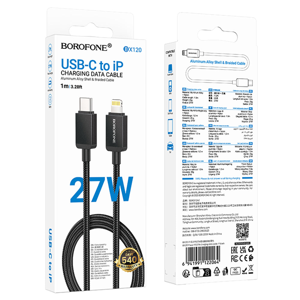 Câble de Données et de Charge USB-C - Lightning Borofone BX120 Placer, 27W, 1m, Noir