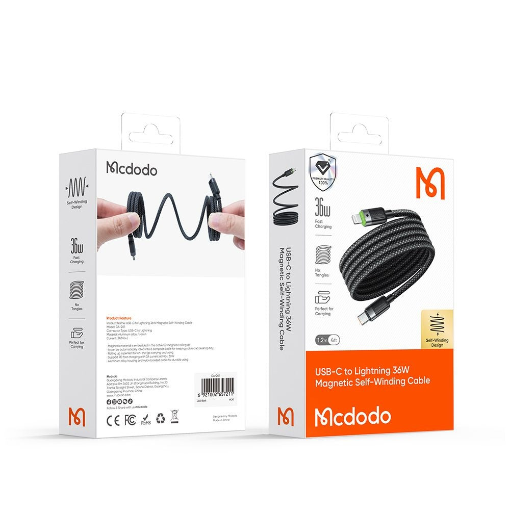 USB-C - Lightning McDodo CA-2010 Selbstwickelndes Daten- und Ladekabel, 36W, 1,2m, Schwarz