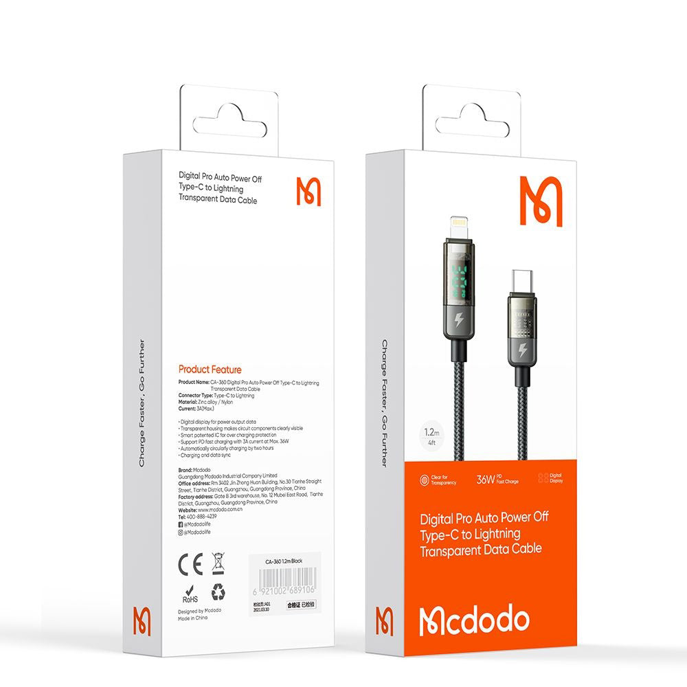 Câble de Données et de Charge USB-C - Lightning McDodo CA-3600 Affichage Auto Power Off, 36W, 1.2m, Noir