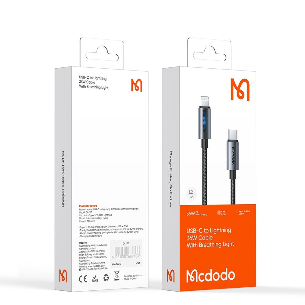 Câble de Données et de Charge USB-C - Lightning McDodo CA-5710, 36W, 1.2m, Noir