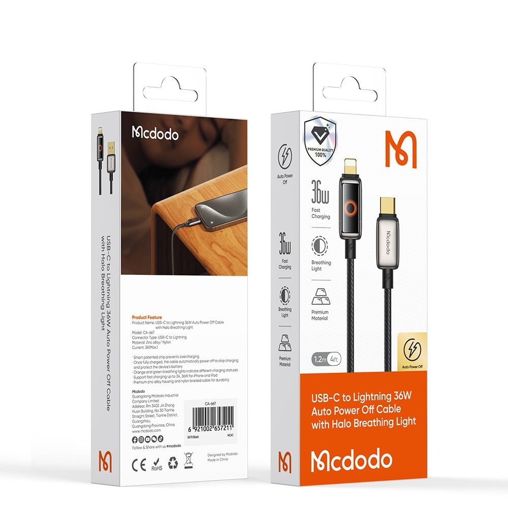 Daten- und Ladekabel USB-C - Lightning McDodo CA-6670 Auto Power Off, 36W, 1.2m, Schwarz