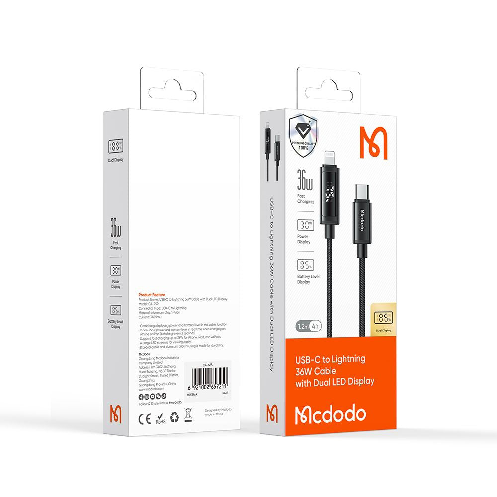 USB-C - Lightning McDodo CA-7990 Display Daten- und Ladekabel, 36W, 1.2m, Schwarz