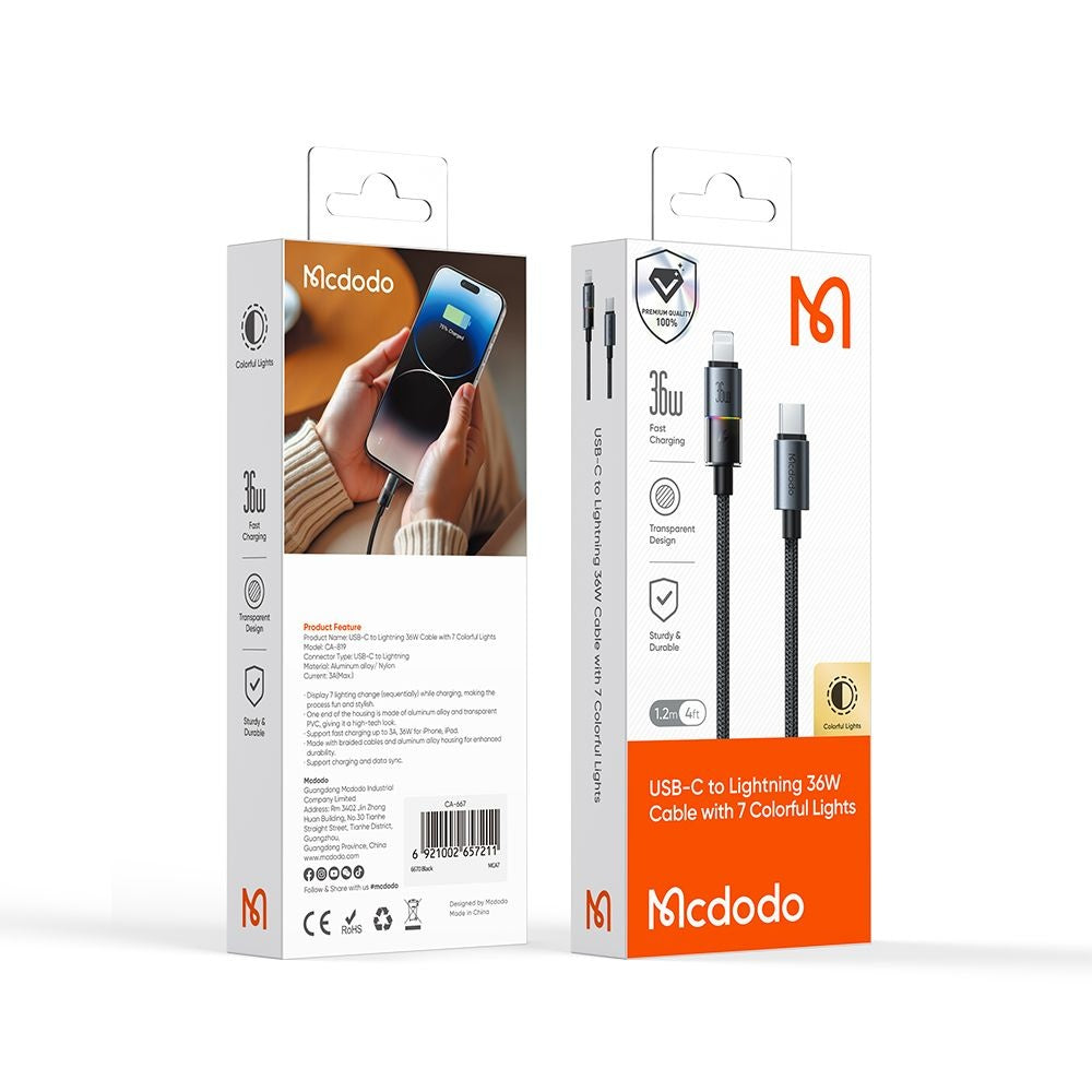 USB-C - Lightning Lade- und Datenkabel McDodo CA-8190 Colorful, 36W, 1.2m, Schwarz