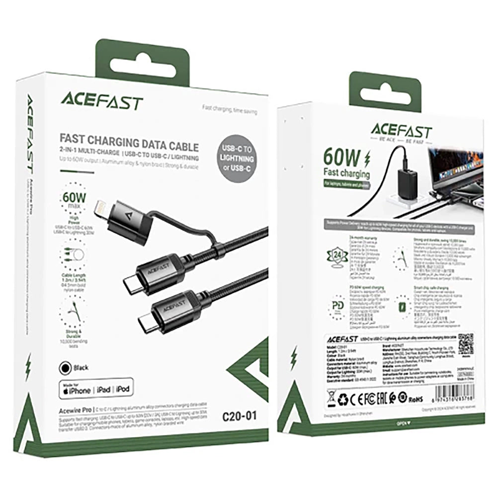 Câble de Données et de Charge USB-C - Lightning / USB-C Acefast C20-01, 60W, 1.2m, Noir