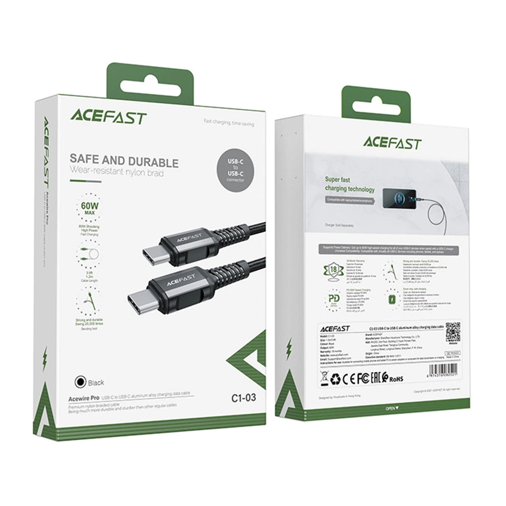 Câble de Données et de Charge USB-C - USB-C Acefast C1-03, 60W, 1.2m, Noir