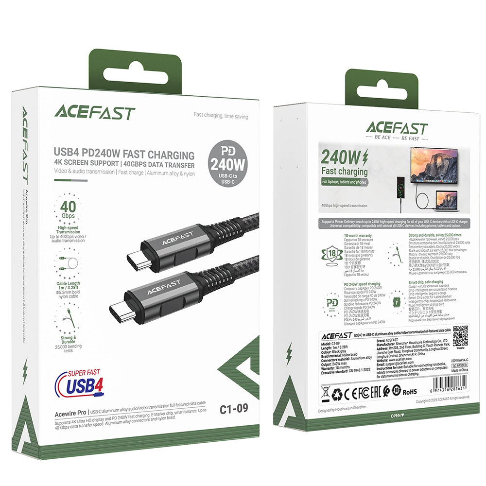 Daten- und Ladekabel USB-C - USB-C Acefast C1-09, 240W, 1m, Grau