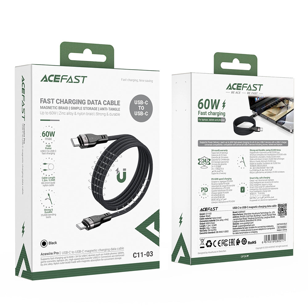 USB-C Data and Charging Cable - USB-C Acefast C11-03, 60W, 1.2m, Black