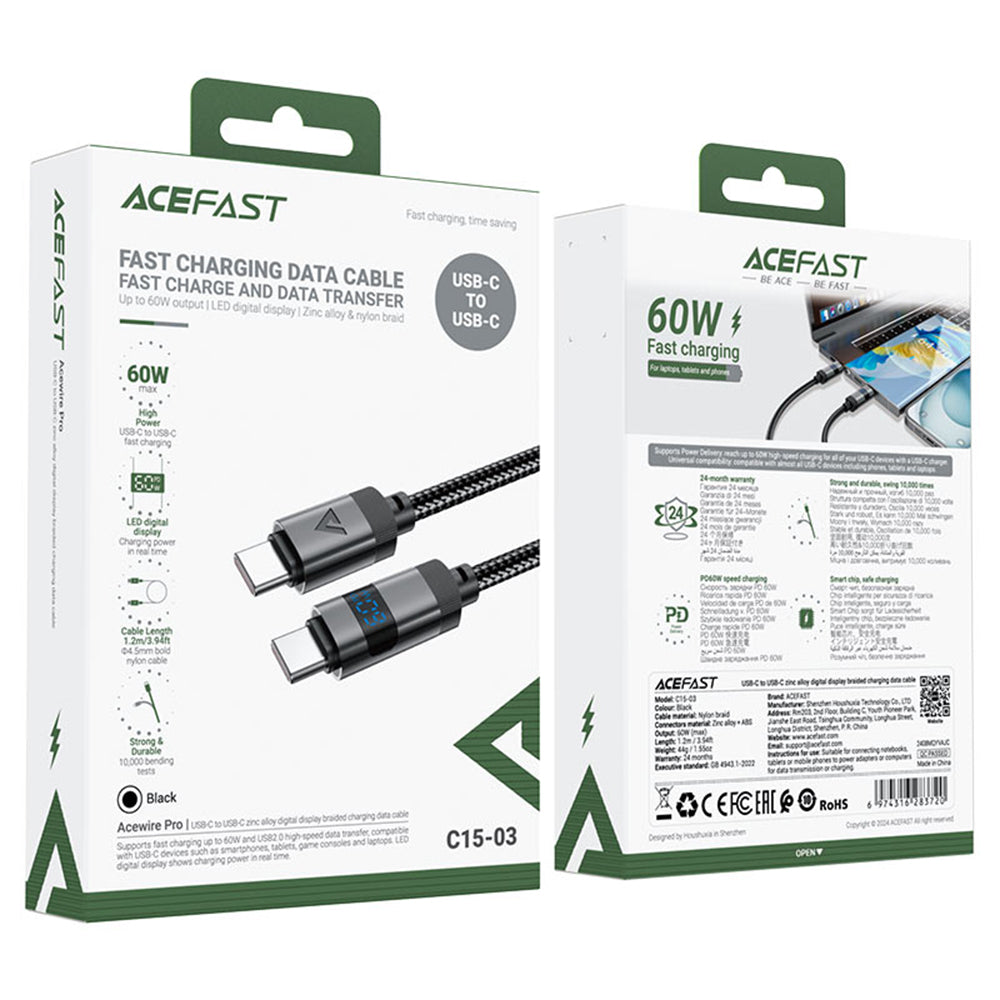 Daten- und Ladekabel USB-C - USB-C Acefast C15-03 Display, 60W, 1.2m, Schwarz