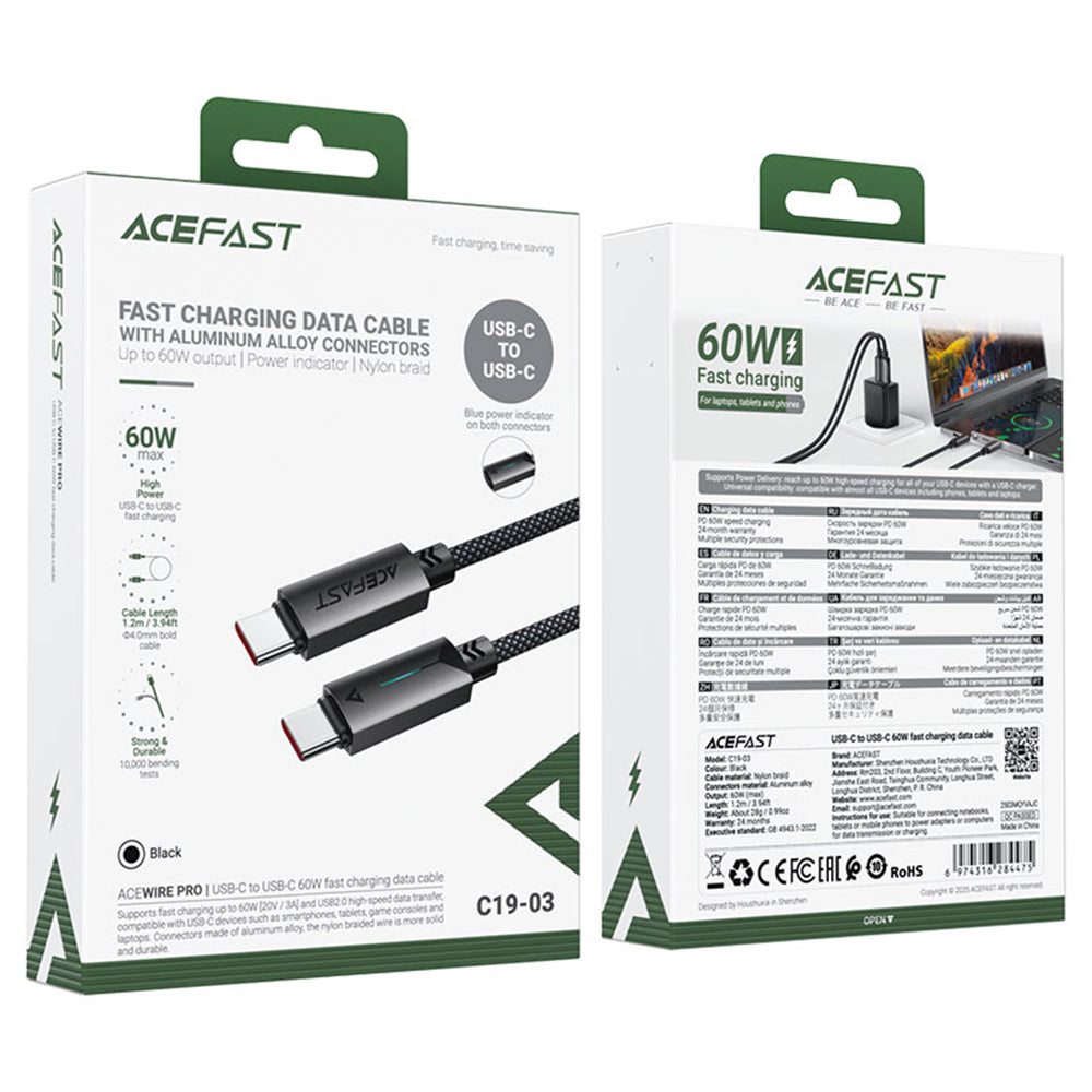 Daten- und Ladekabel USB-C - USB-C Acefast C19-03, 60W, 1,2m, Schwarz