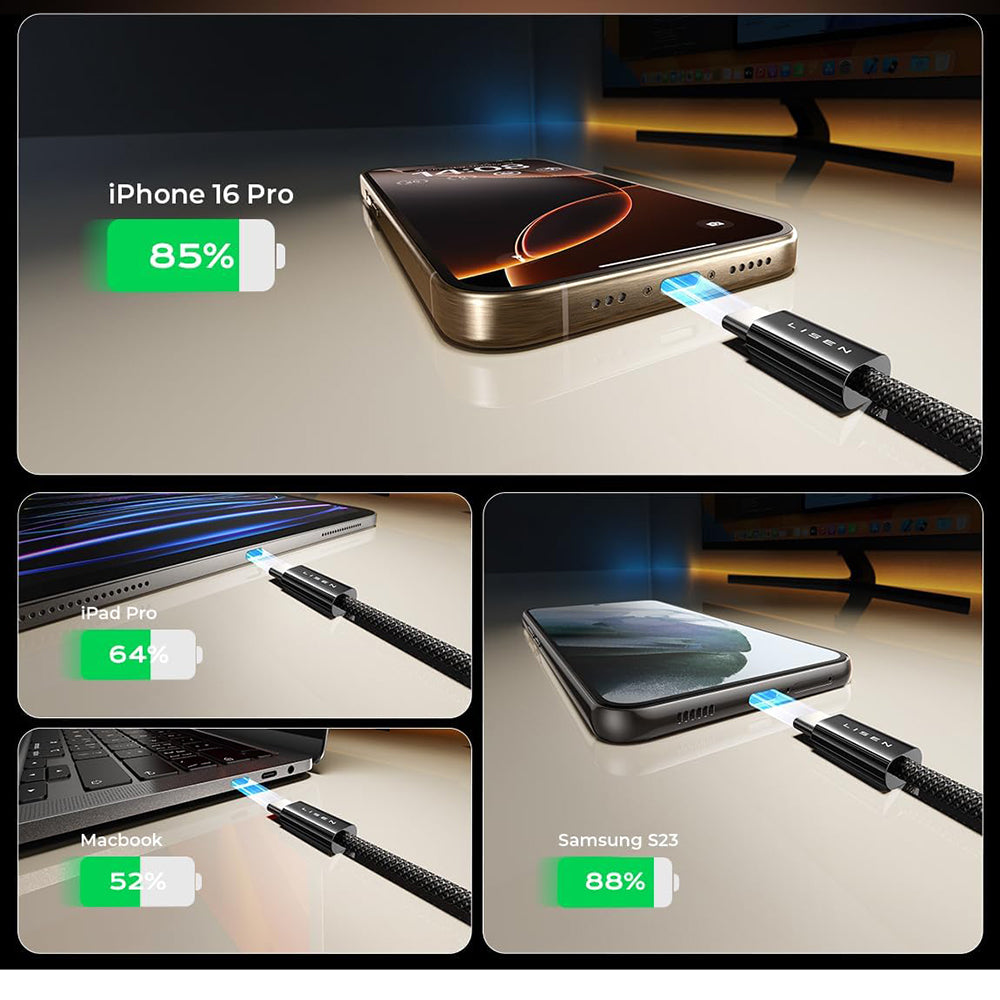 Câble de Données et de Charge USB-C - USB-C Lisen, 60W, Set 5 pièces (2 x 1m, 2 x 2m, 1 x 3m), Noir YL0123070010