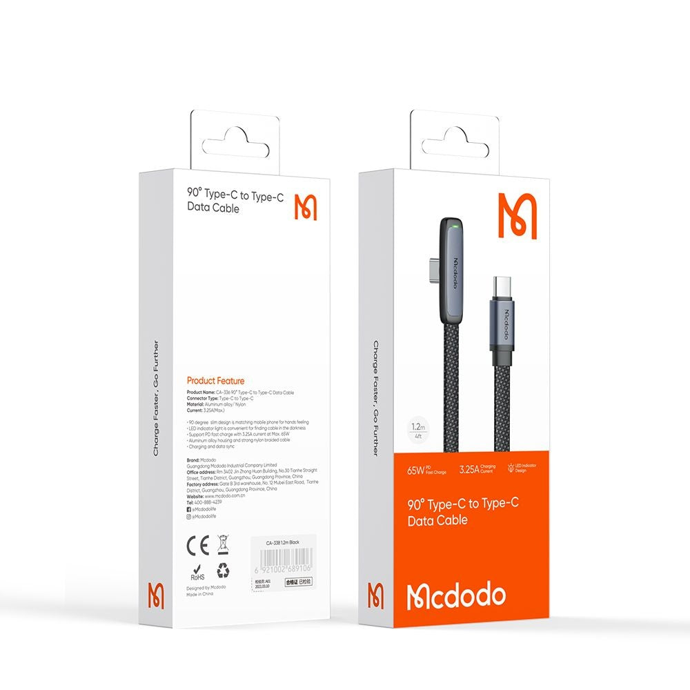 USB-C Data and Charging Cable - USB-C McDodo CA-3360 Angled, 65W, 1.2m, Black