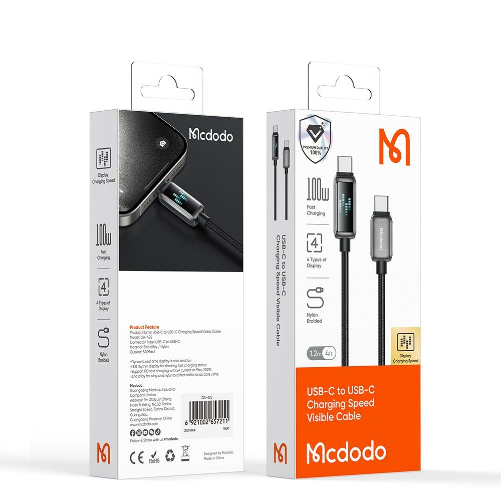 Câble de Données et de Charge USB-C - USB-C McDodo CA-4250 Display, 100W, 1.2m, Noir