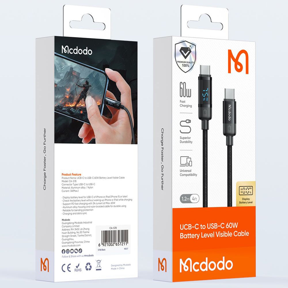 Daten- und Ladekabel USB-C - USB-C McDodo CA-5780 Bat Display, 60W, 1.2m, Schwarz