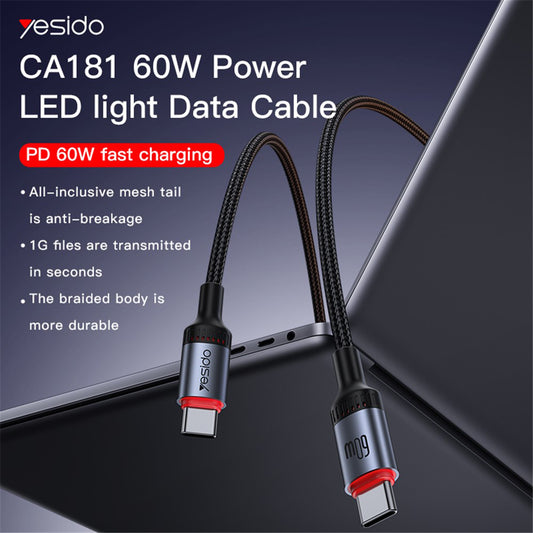 Câble de Données et de Charge USB-C - USB-C Yesido CA181, 60W, 1.2m, Noir