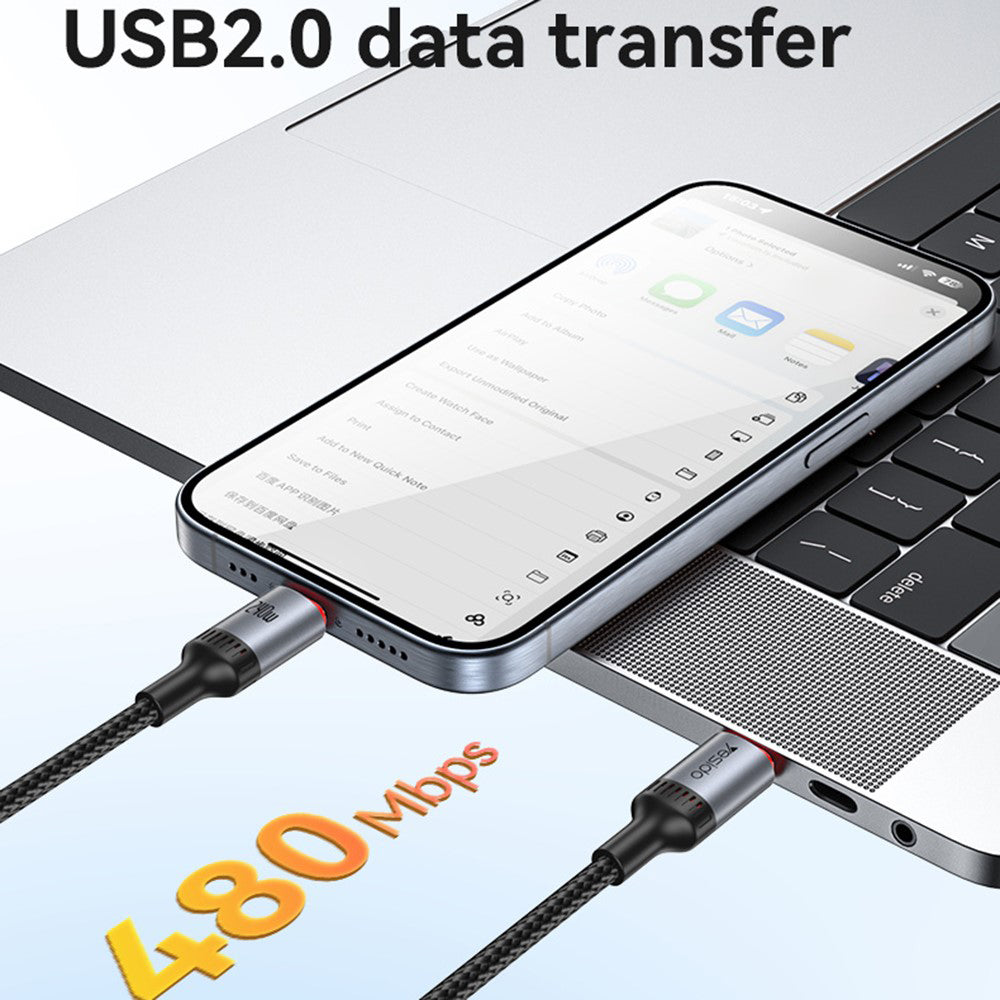 Câble de données et de charge USB-C - USB-C Yesido CA186, 240W, 2m, Noir