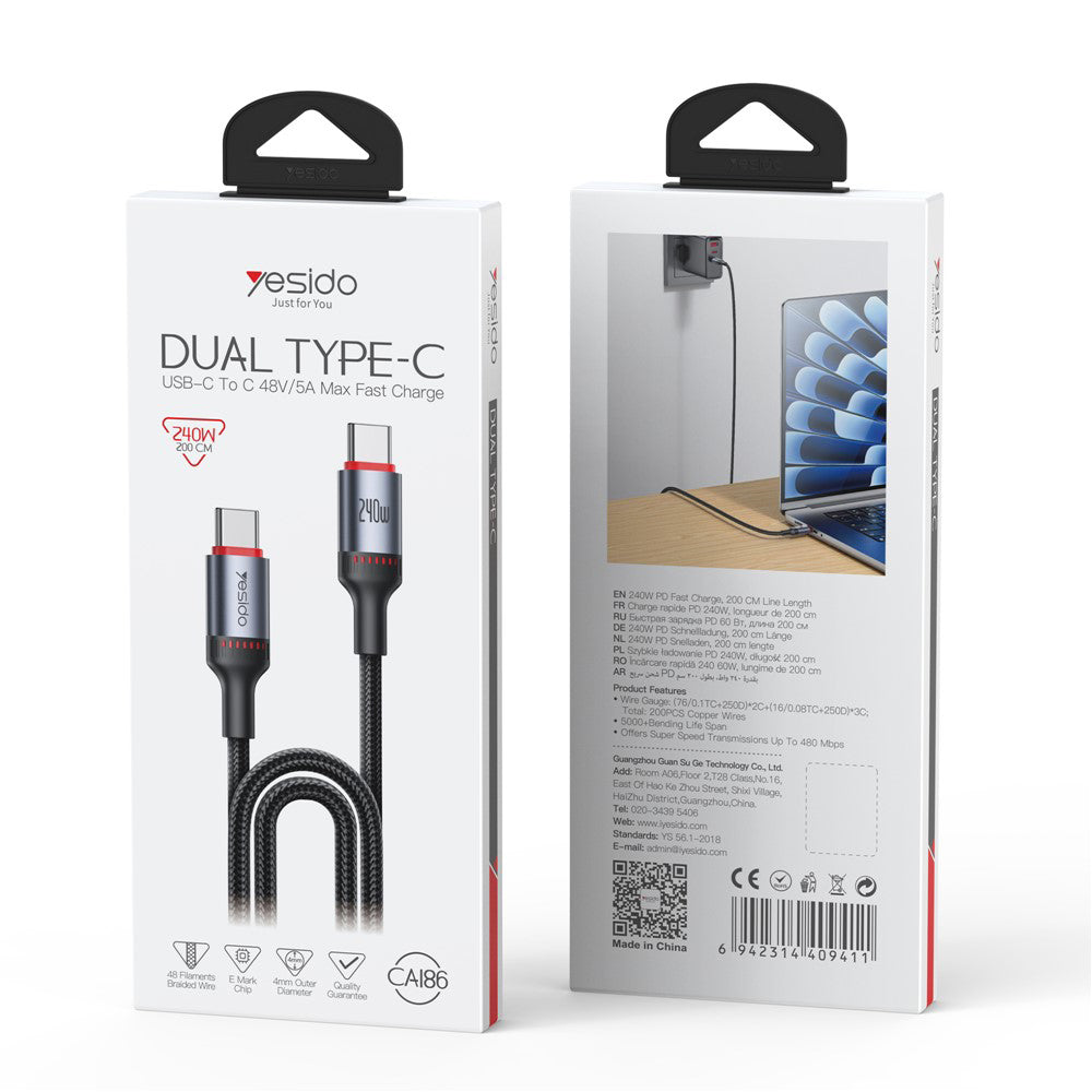 Câble de données et de charge USB-C - USB-C Yesido CA186, 240W, 2m, Noir