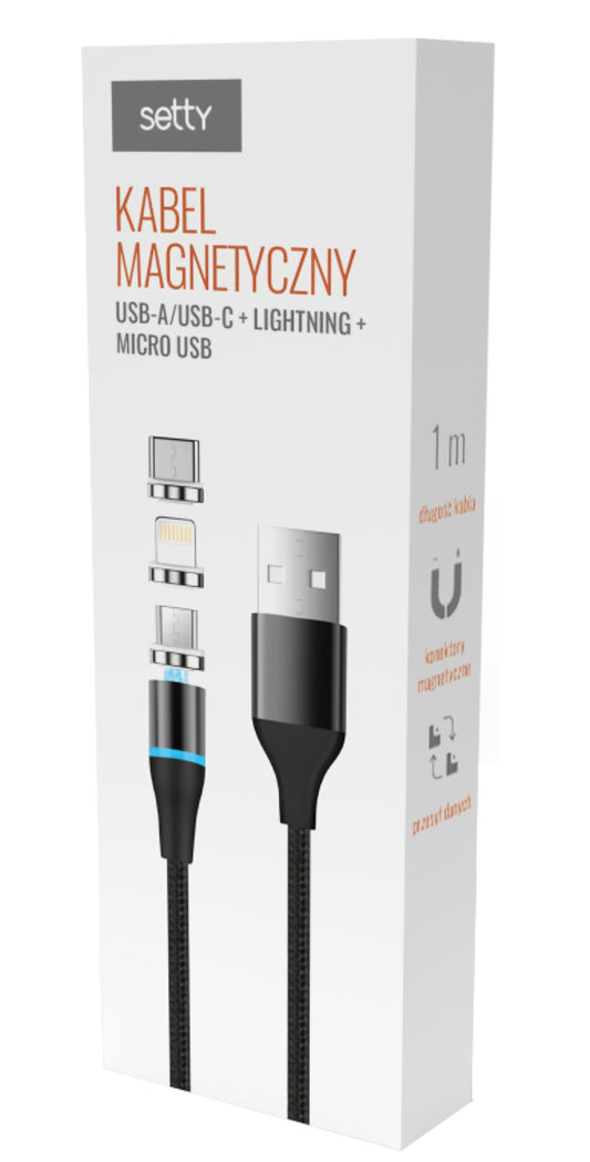 Ladekabel USB-A - Lightning / microUSB / USB-C Setty Magnetic DT 3in1, 12.5W, 1m, Schwarz