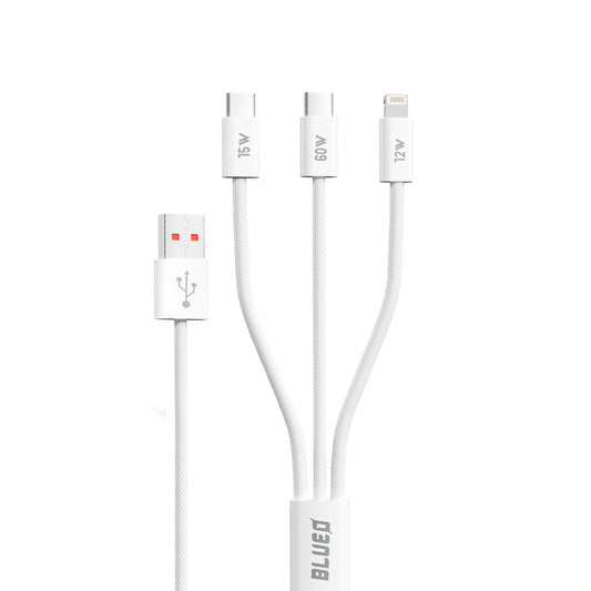 Câble de Chargement USB-A - Lightning / 2 x USB-C Blueo, 75W, 1.2m, Blanc