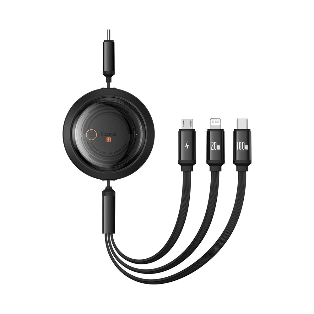 USB-C - Lightning / microUSB / USB-C Ladekabel Baseus Free2Draw Retractable, 100W, 1.1m, Schwarz P10368700111-04