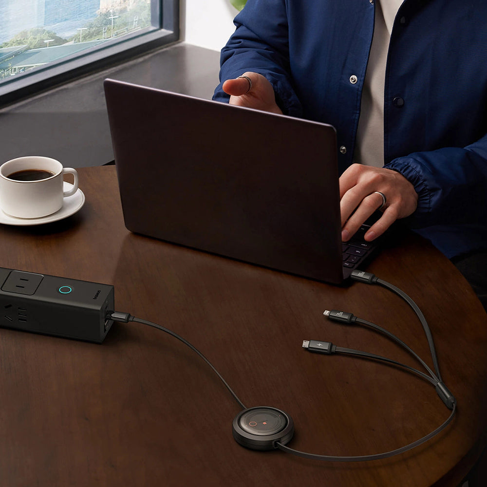 USB-C - Lightning / microUSB / USB-C Ladekabel Baseus Free2Draw Retractable, 100W, 1.1m, Schwarz P10368700111-04