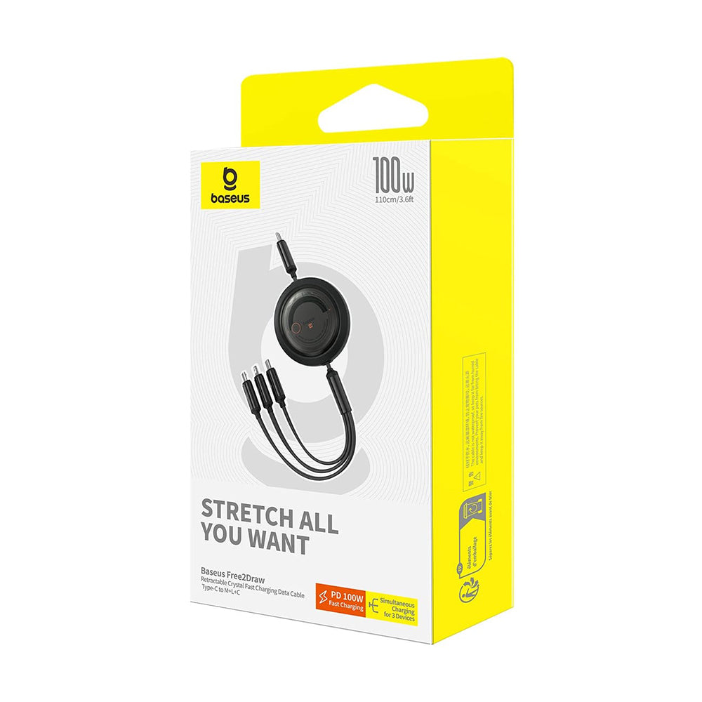 USB-C - Lightning / microUSB / USB-C Ladekabel Baseus Free2Draw Retractable, 100W, 1.1m, Schwarz P10368700111-04